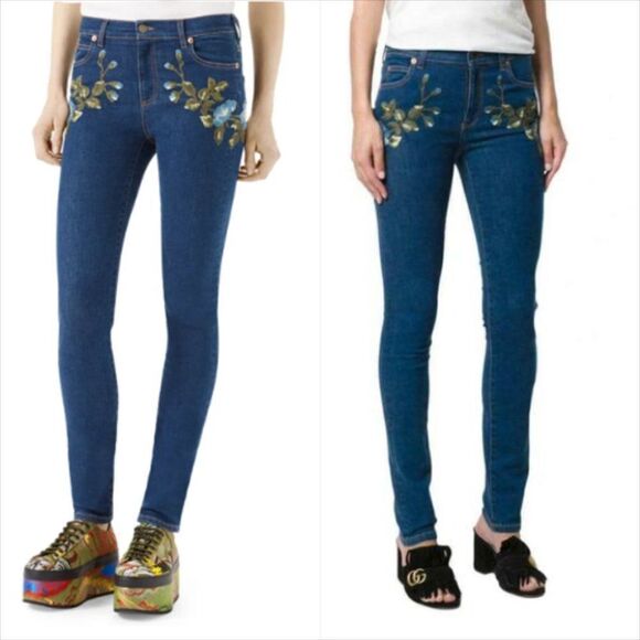 Gucci Floral Bloom Embroidered Stretch Denim Jeans in Blue I-0222a16 - Picture 2 of 16